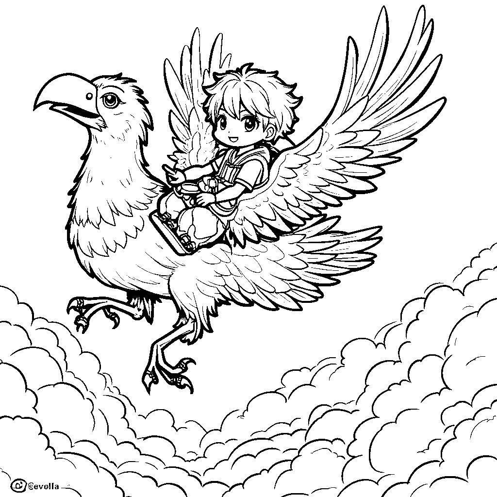 Inosuke riding a giant bird through the sky