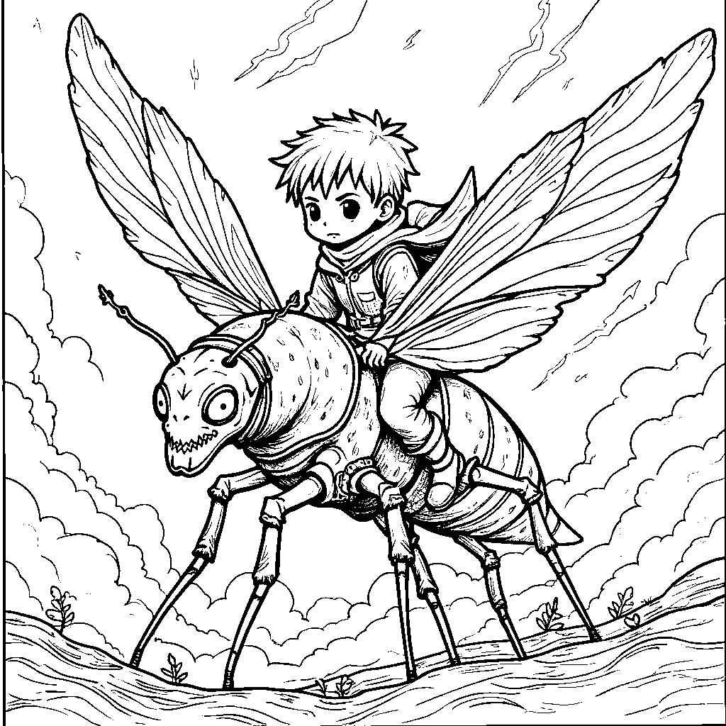 Inosuke riding a giant insect through the air