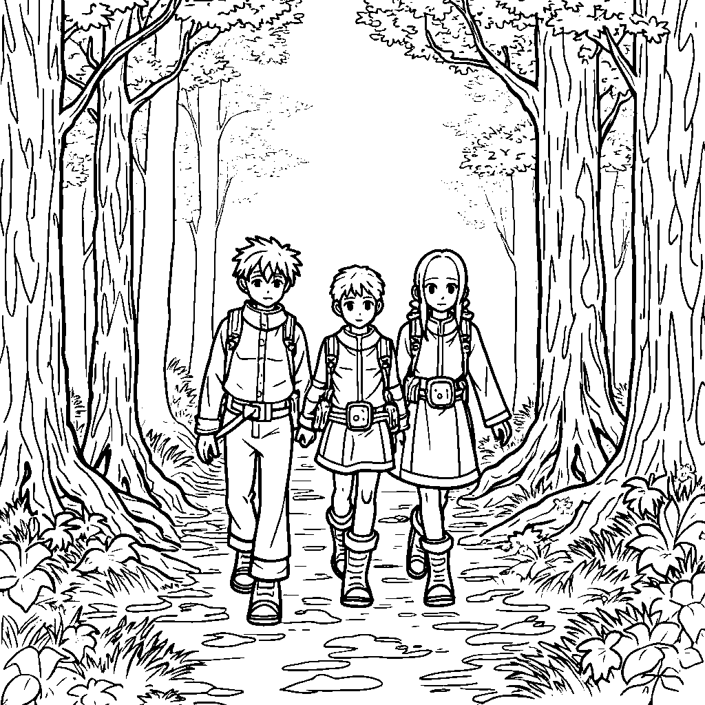 Tanjiro and his friends walking together in the forest