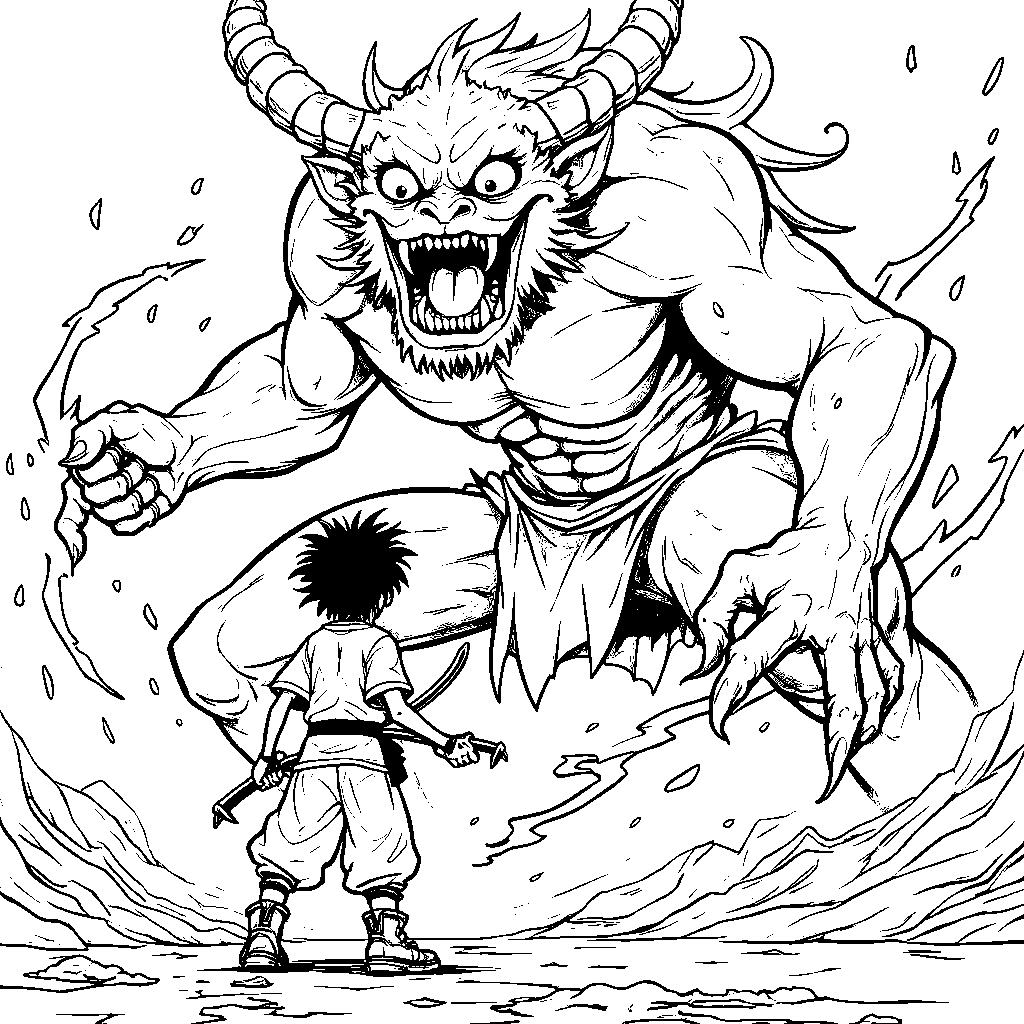 Tanjiro fighting a giant demon with a powerful stance