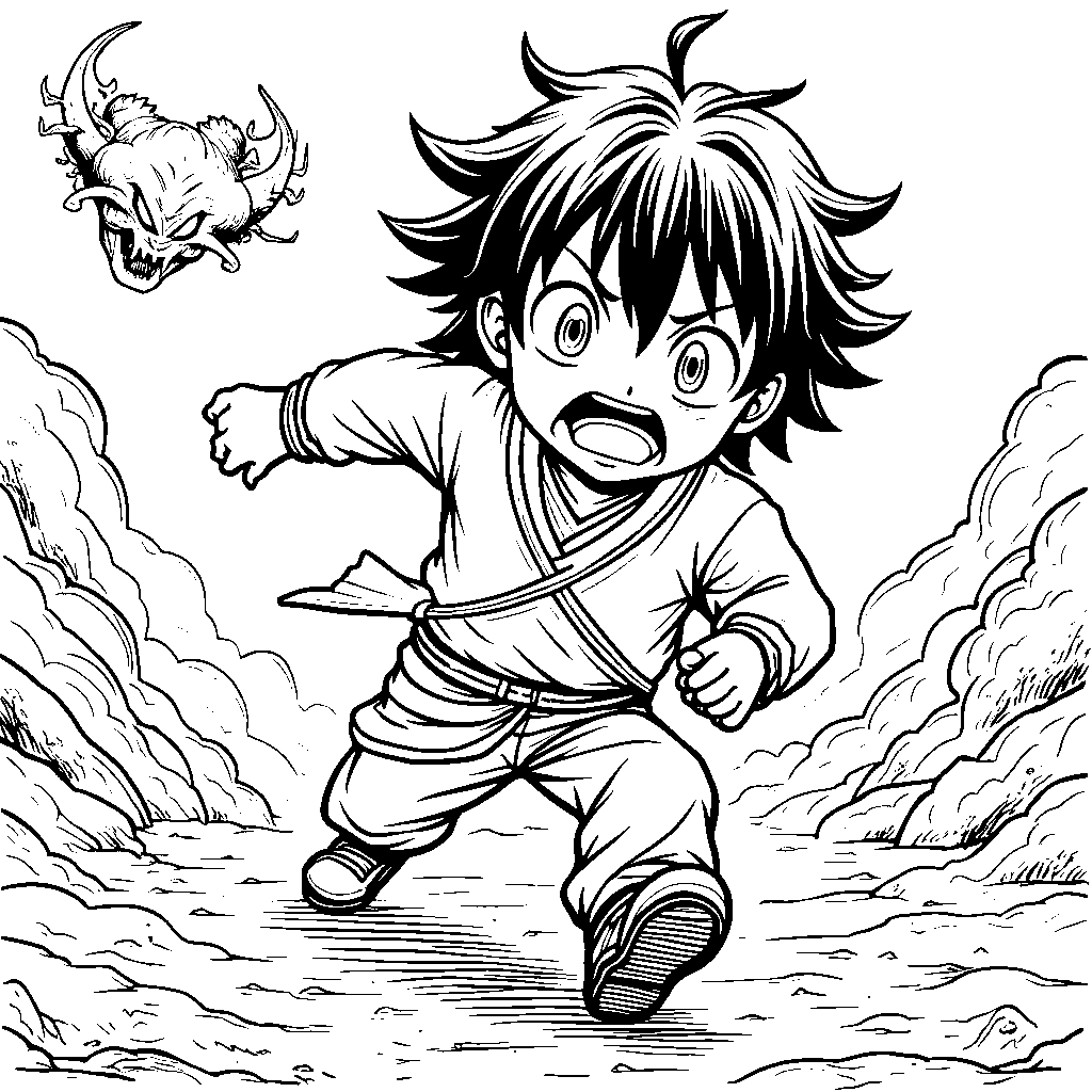 Zenitsu Agatsuma running away from a demon with a scared expression