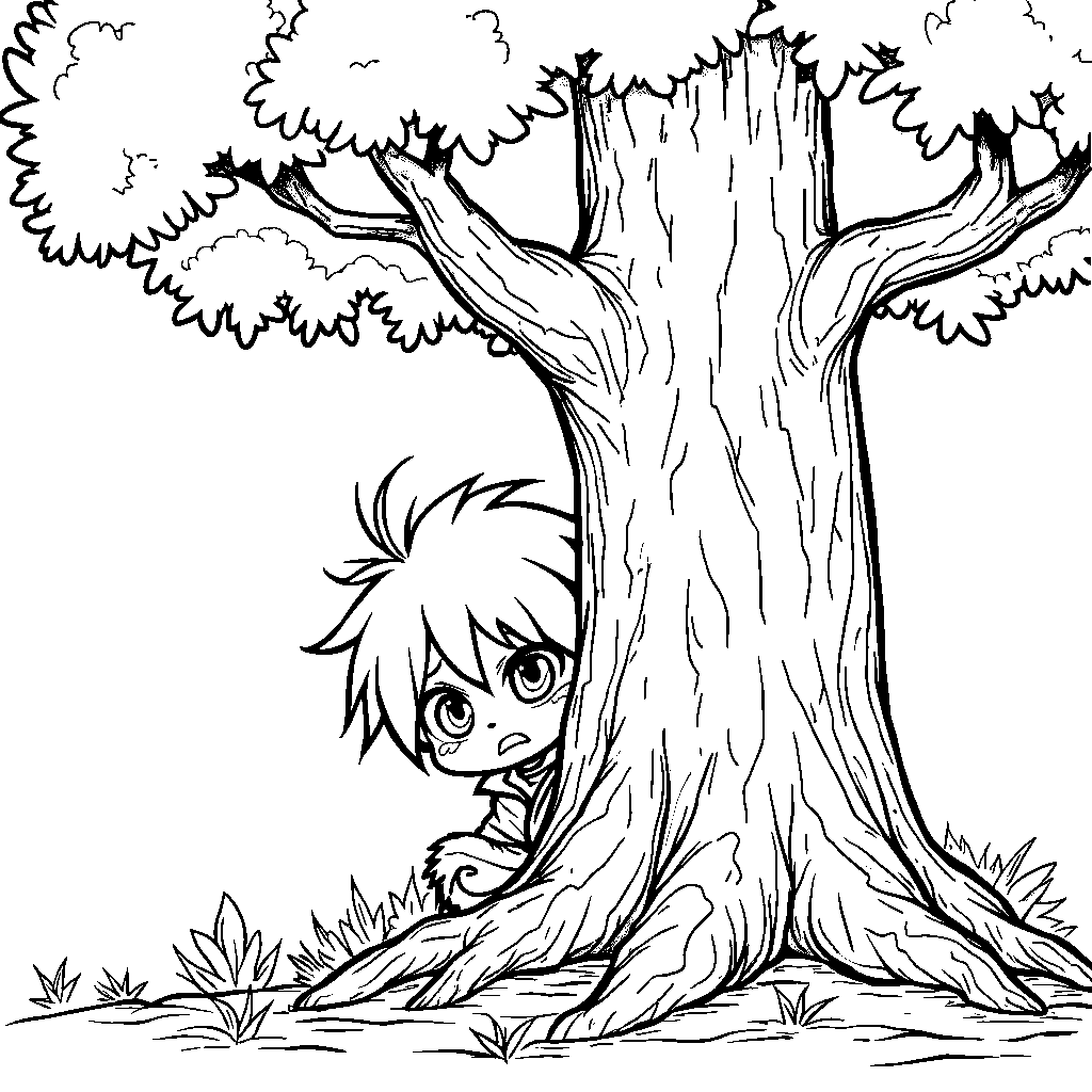 Zenitsu hiding behind a tree with a scared face