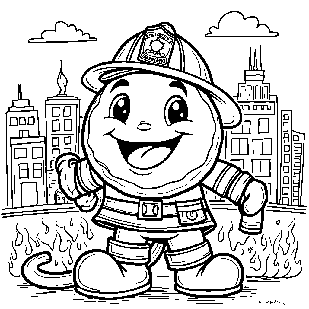 Donut as a firefighter, with a helmet and hose