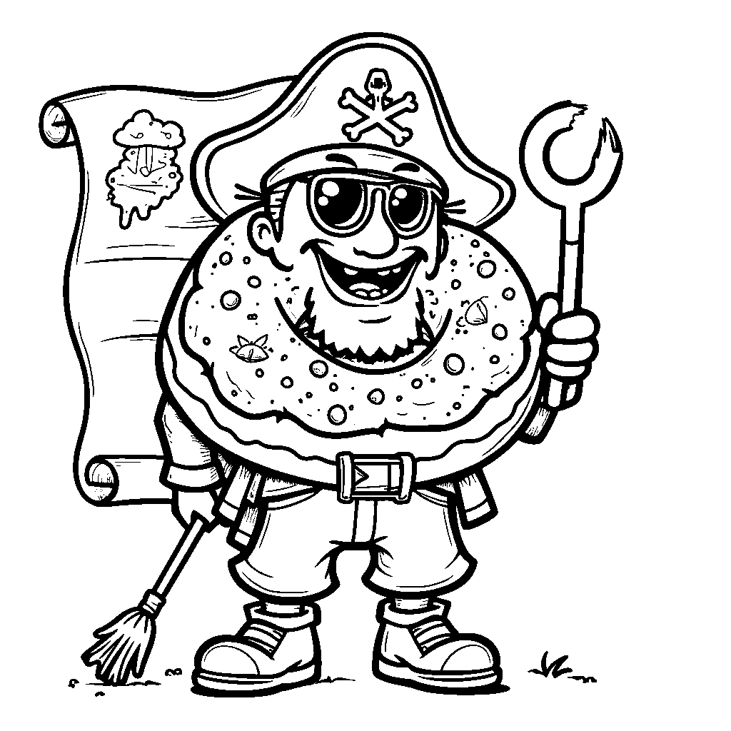 Donut as a pirate, with a treasure map and a hook