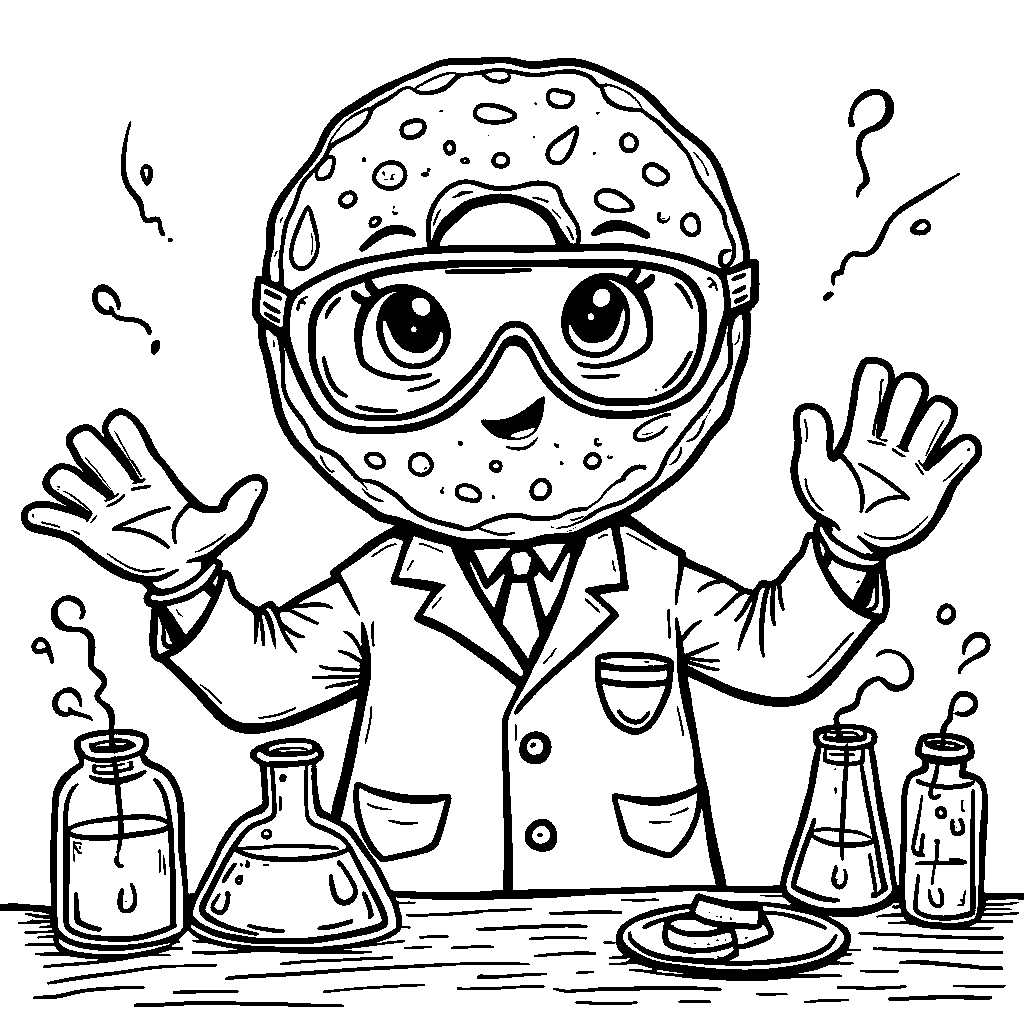 Donut as a scientist, with a lab coat and test tubes