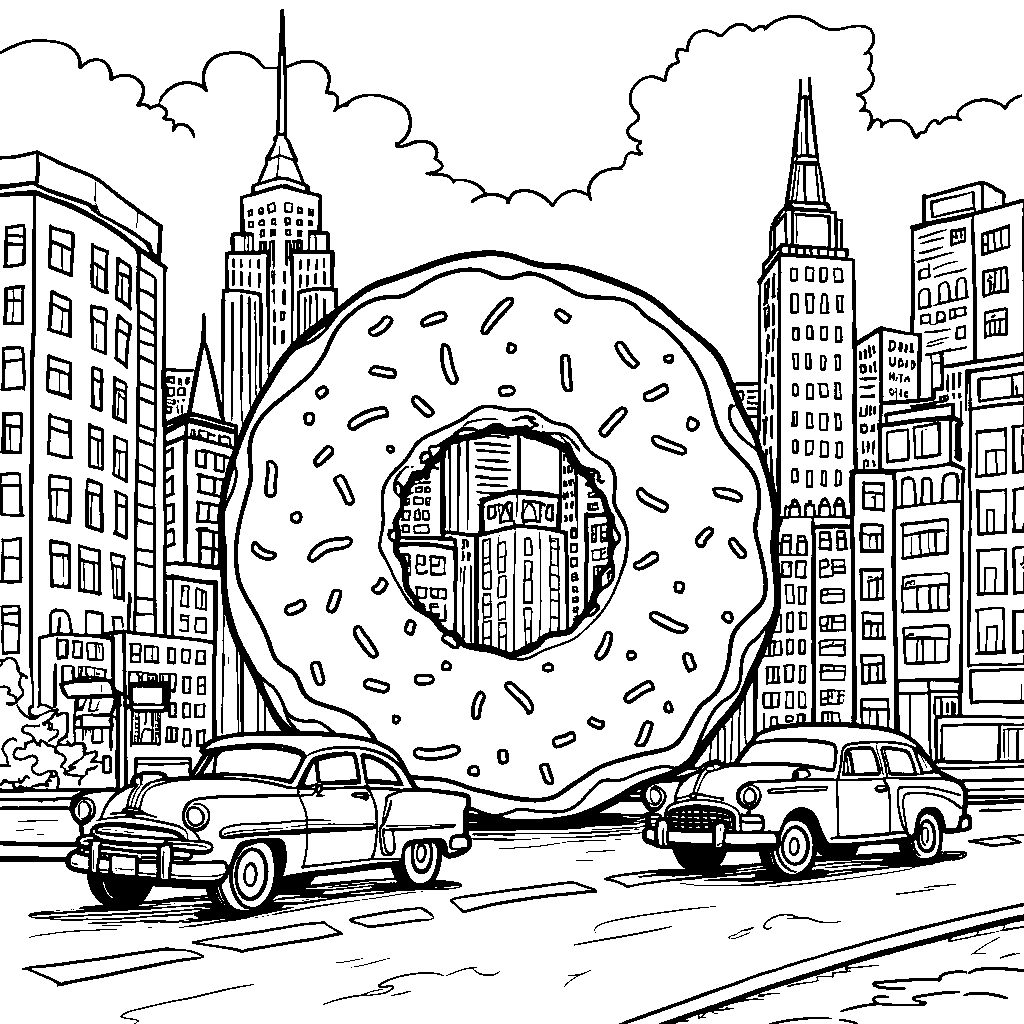 Donut in a city, surrounded by skyscrapers and cars