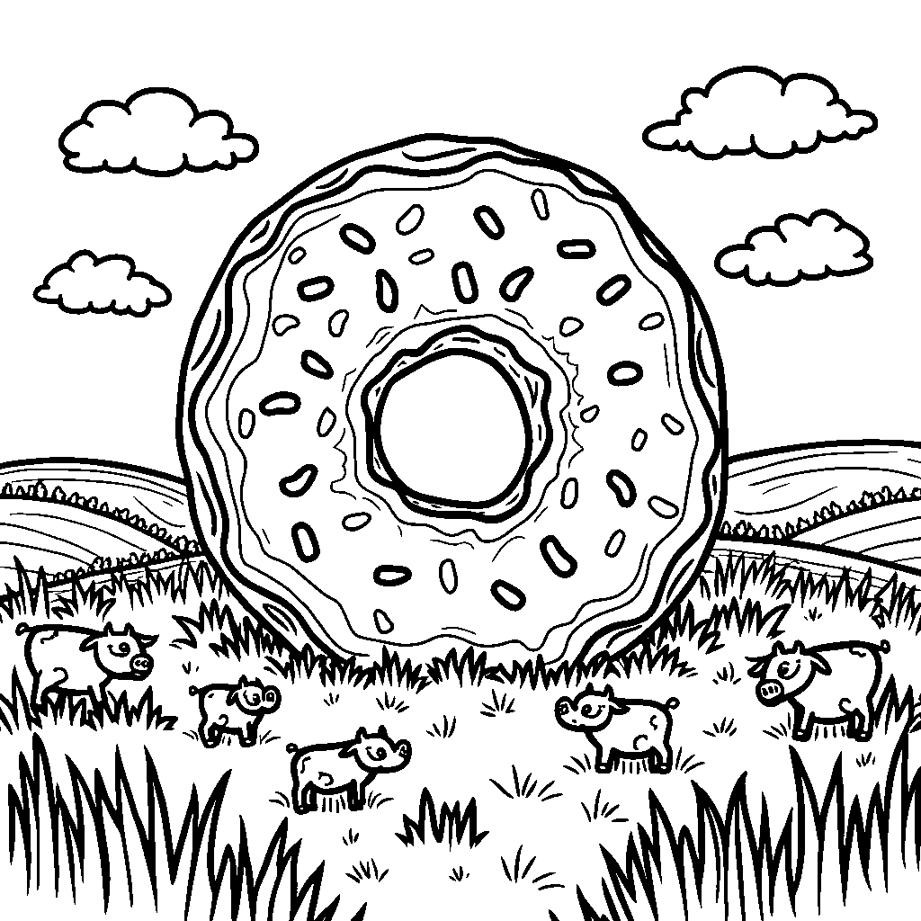 Donut in a farm, surrounded by cows and pigs