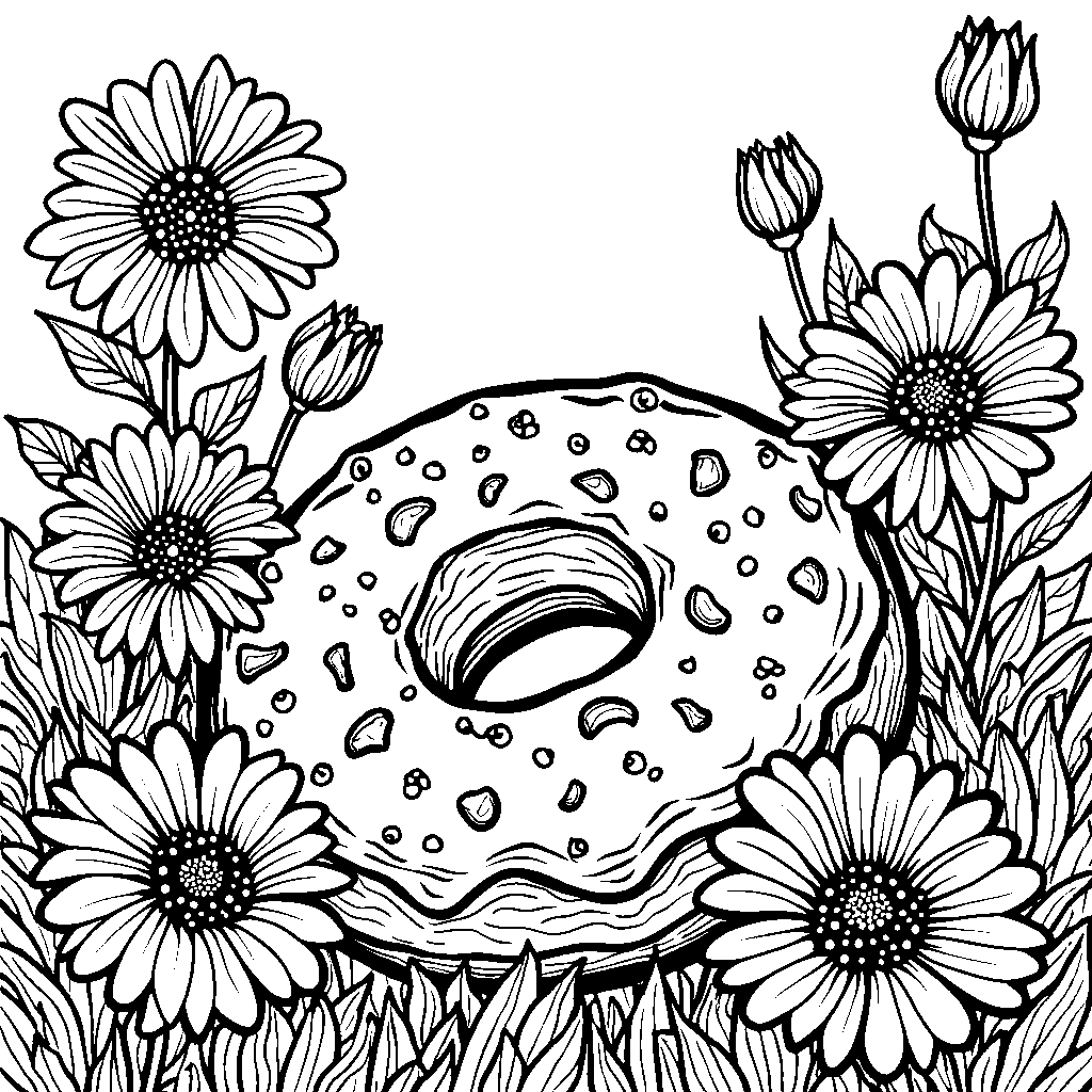 Donut in a garden, surrounded by blooming flowers