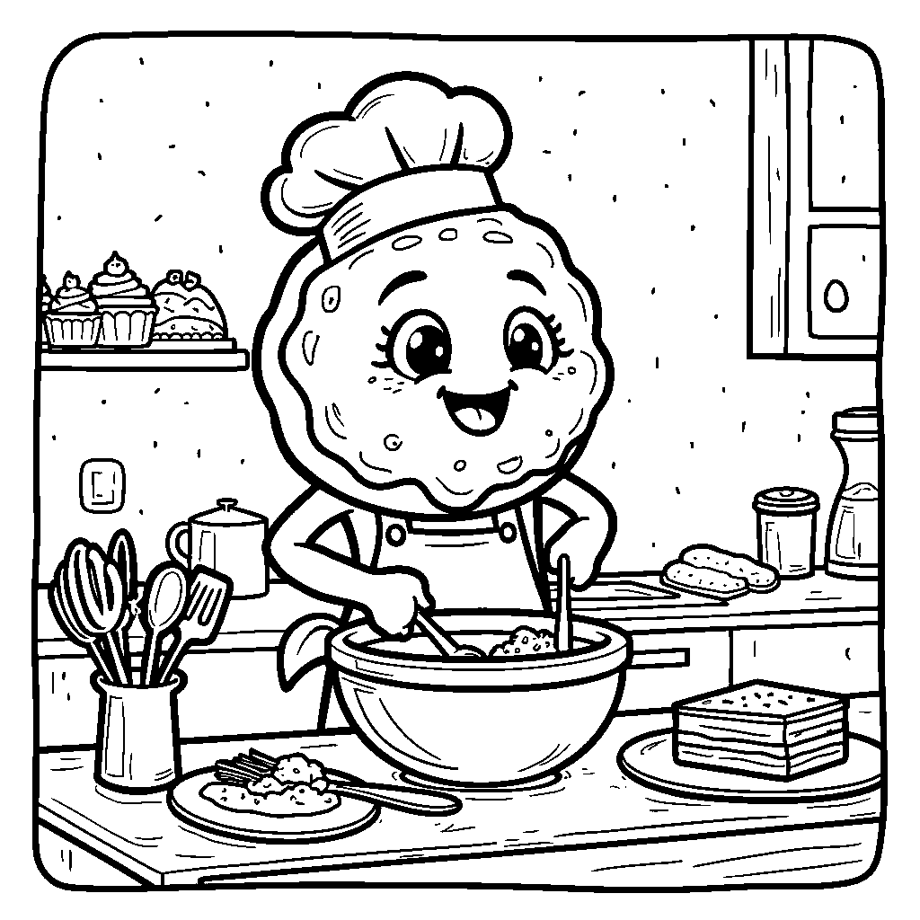 Donut in a kitchen, baking a cake