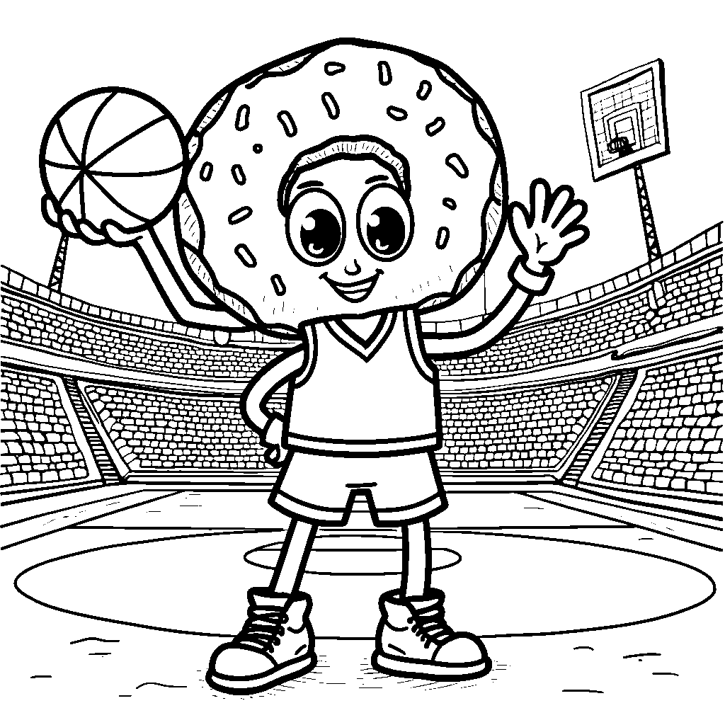 Donut in a sports jersey, holding a basketball