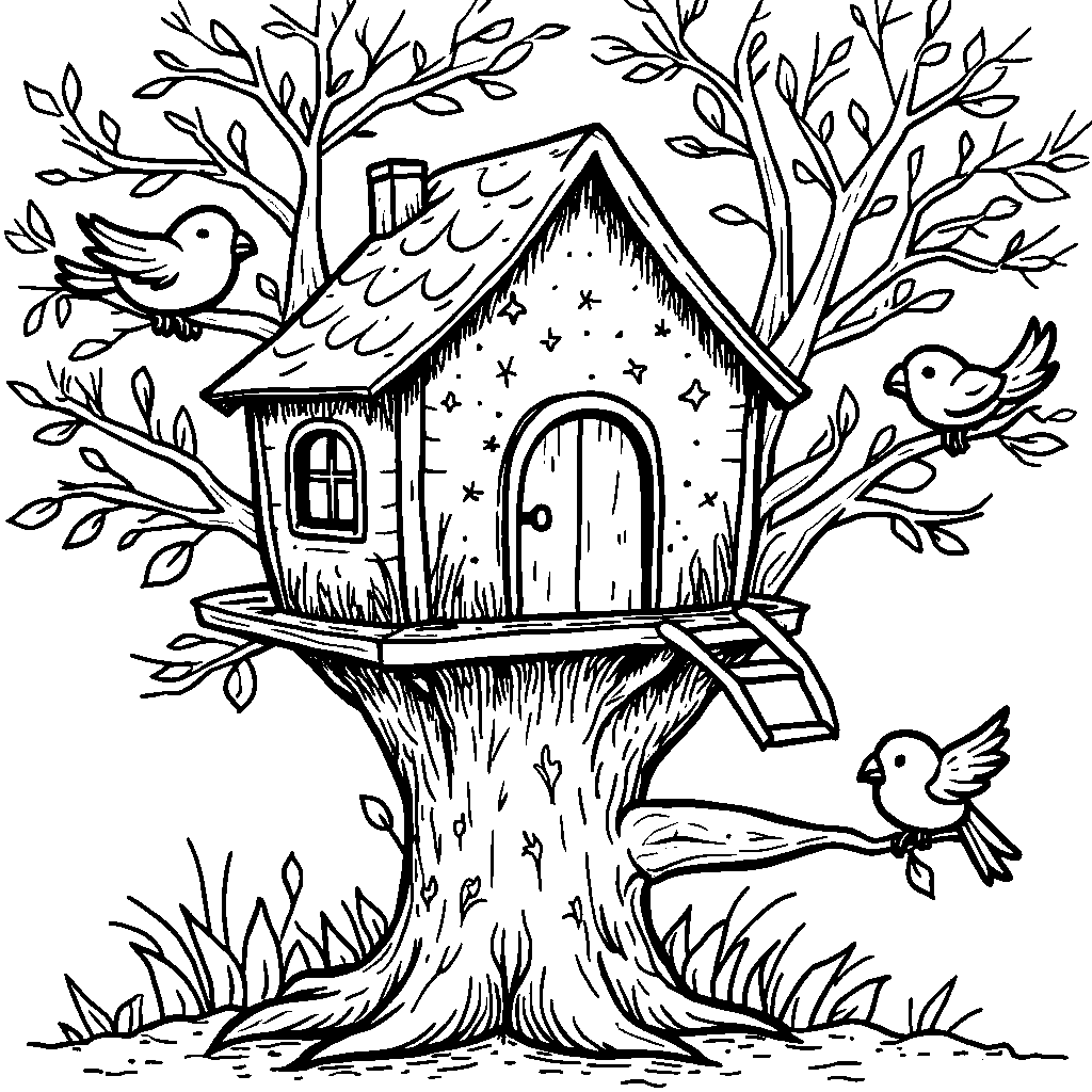 Donut in a treehouse, surrounded by birds and leaves