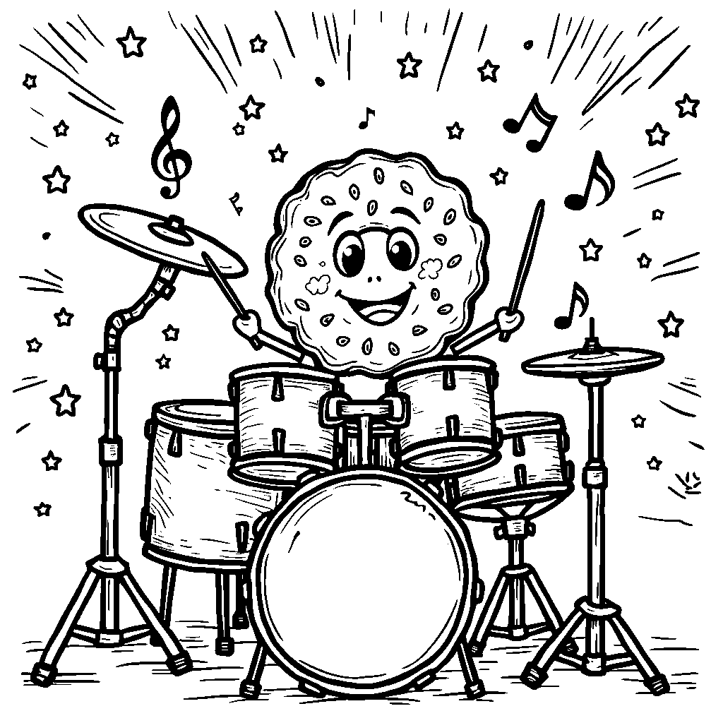 Donut playing a drum, with music notes and stars