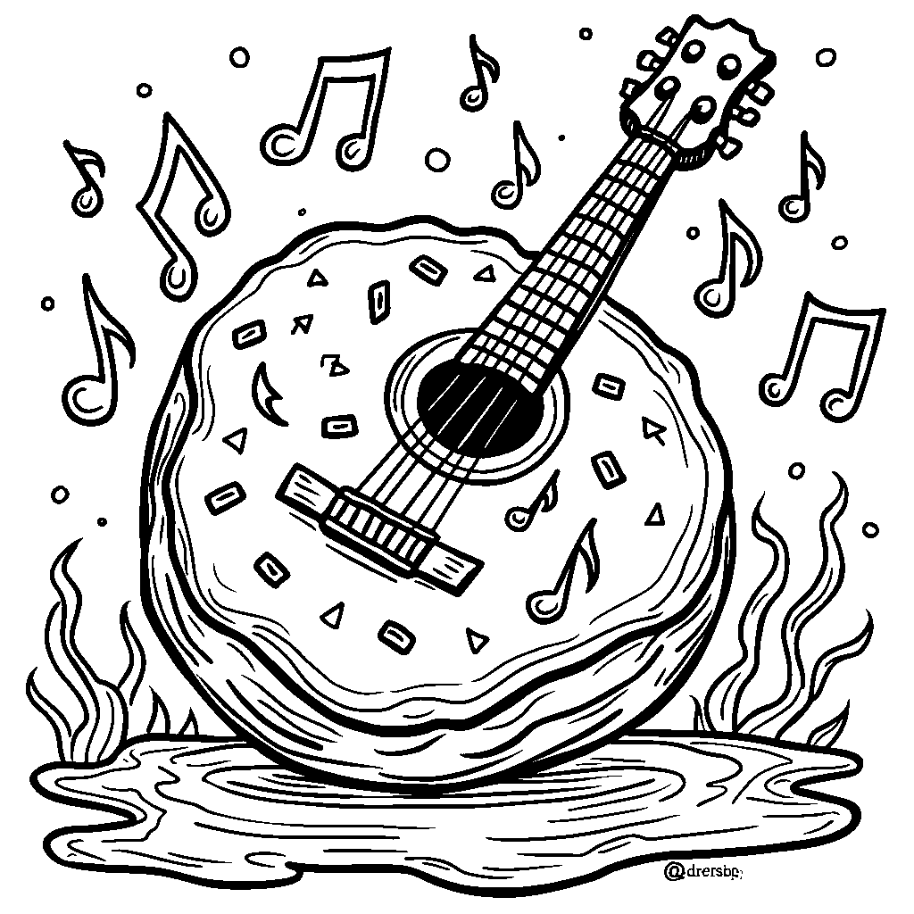 Donut playing a guitar, surrounded by music notes