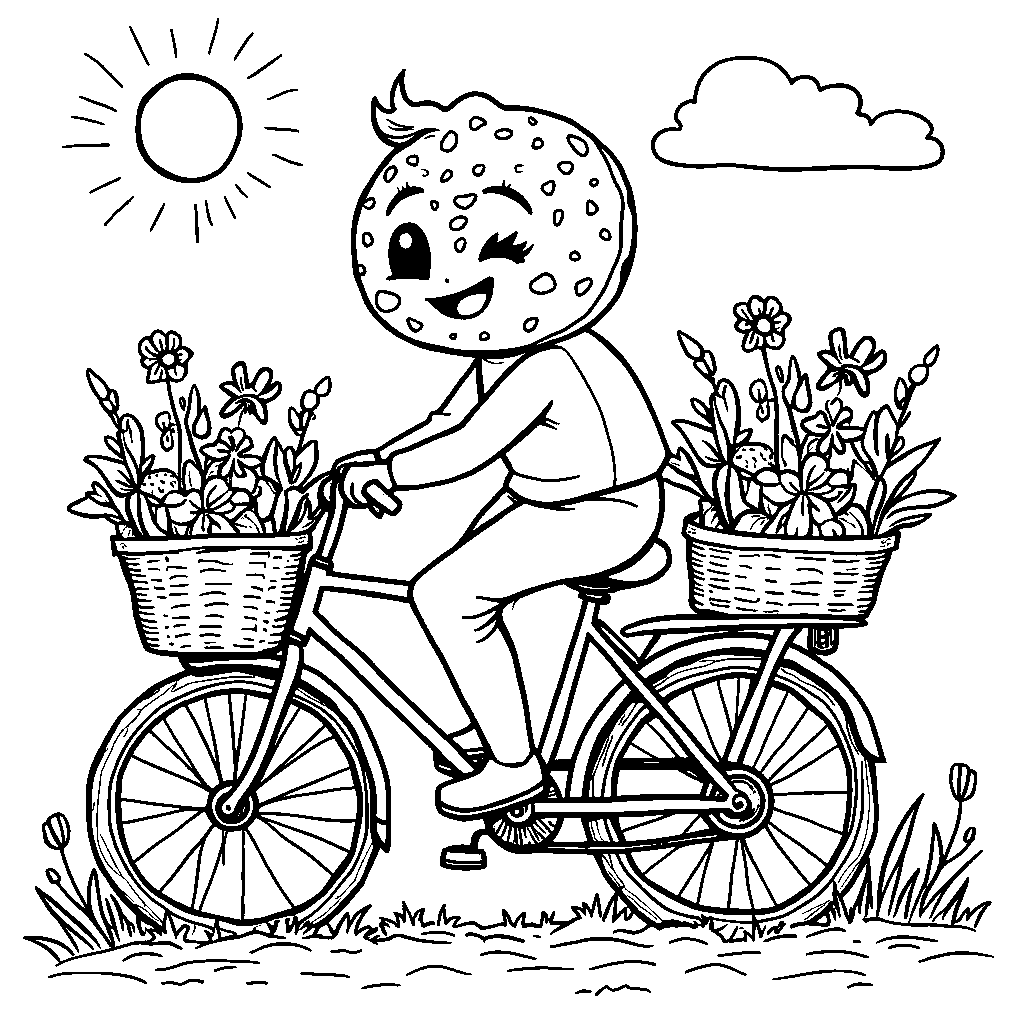 Donut riding a bicycle, with a basket full of flowers