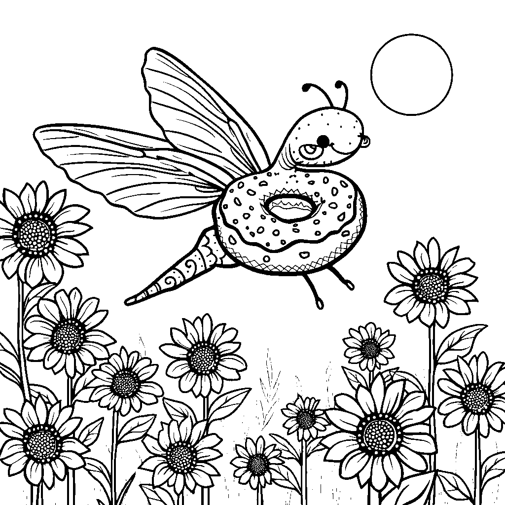 Donut riding a dragonfly through a field of sunflowers