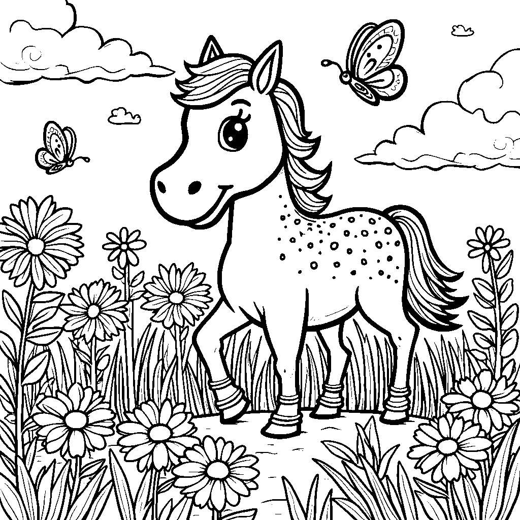 Donut riding a horse, through a field of wildflowers