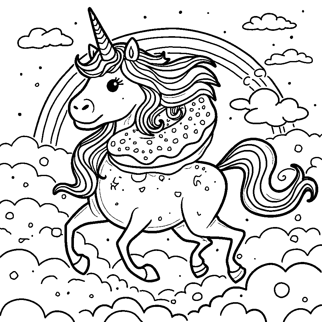 Donut riding a unicorn through a rainbow-colored sky