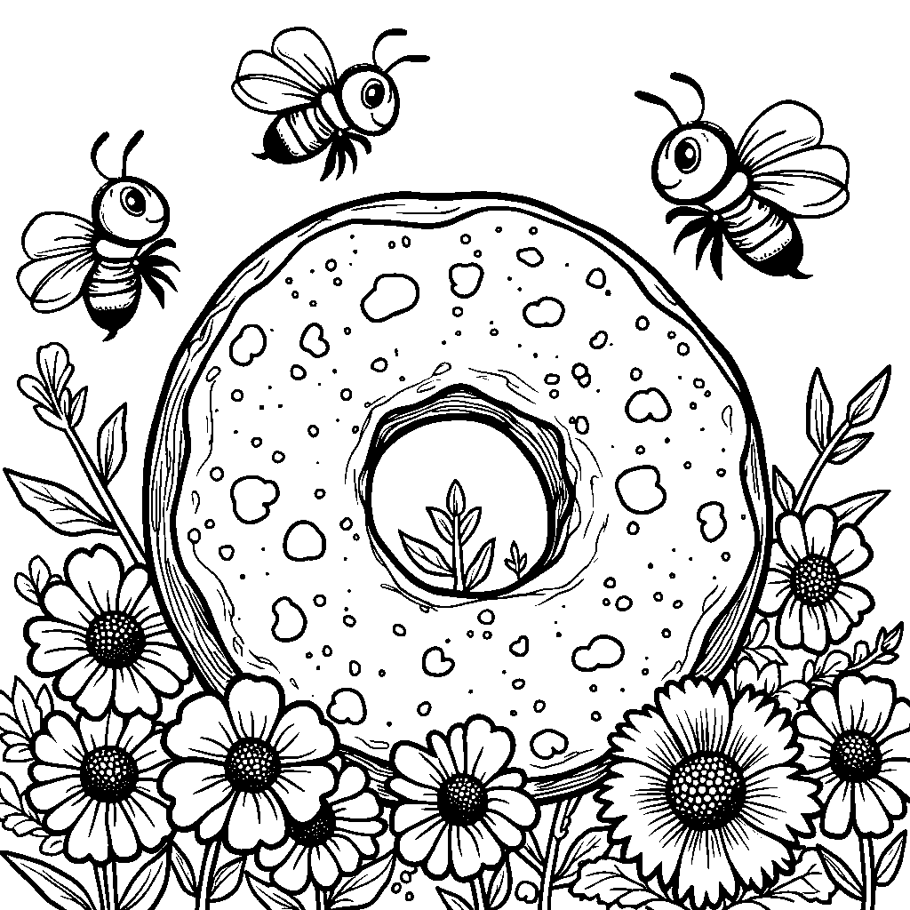 Donut surrounded by bees collecting nectar from flowers