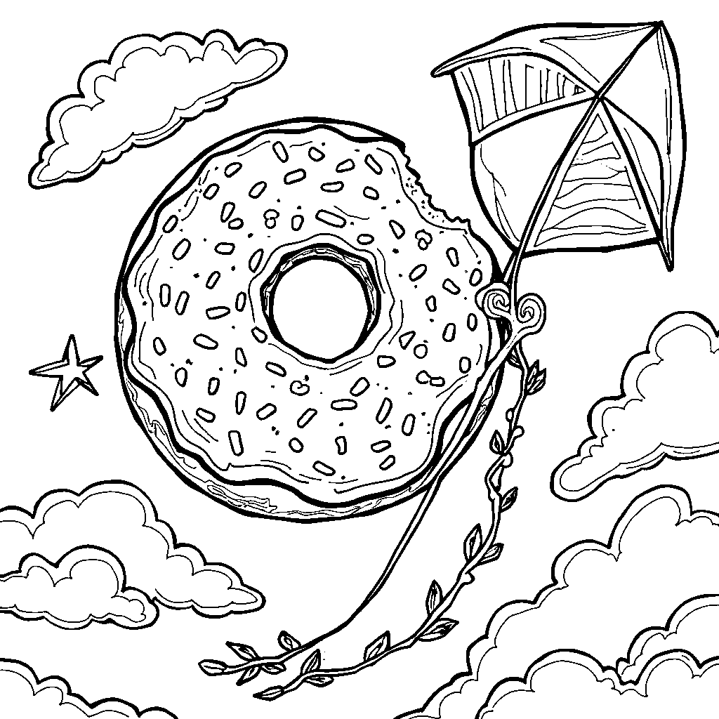 Donut with a kite, flying high in the sky