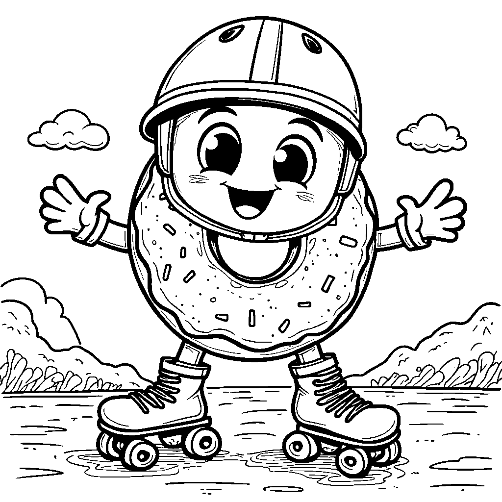 Donut with a pair of roller skates and a helmet