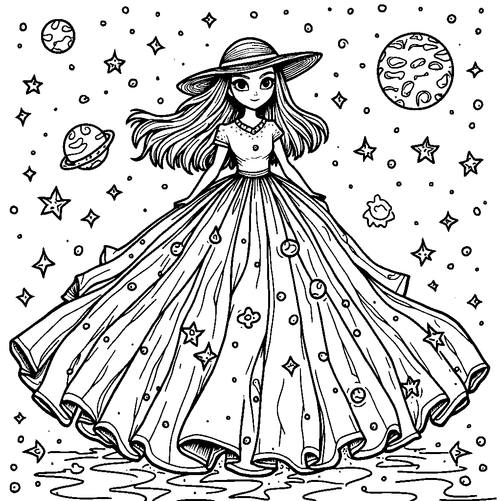 A futuristic space dress with stars and planets