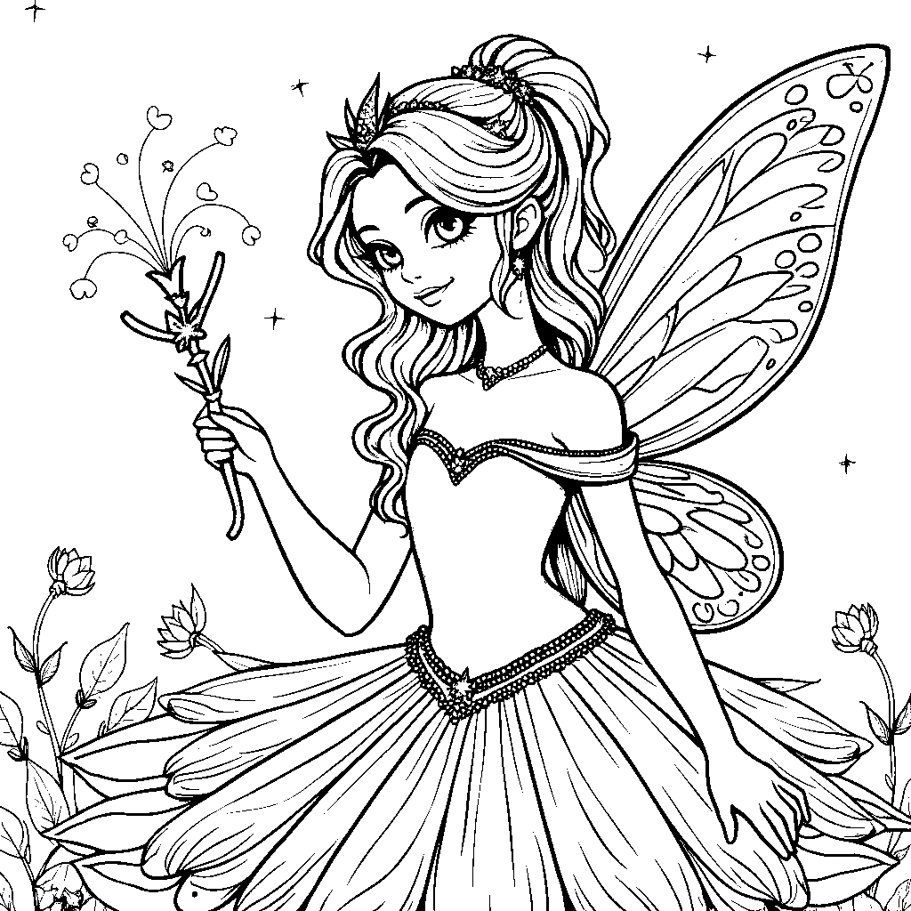 A fairy princess dress with glittery wings and a wand