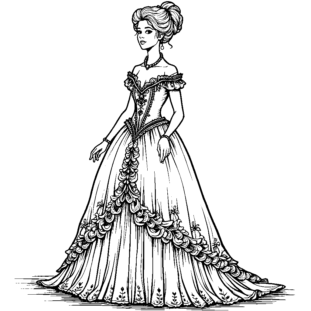 A Victorian-era ball gown with lace and pearls