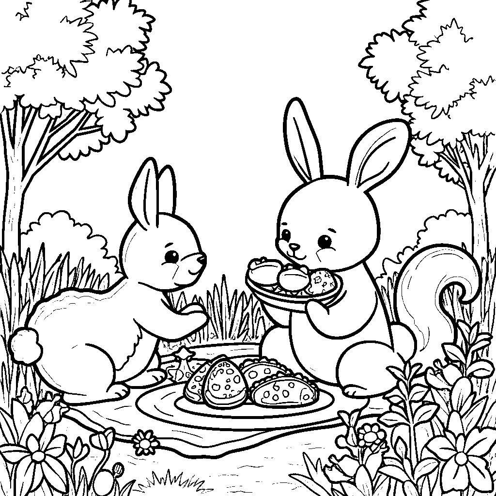 Easter bunny having a picnic with friends in the park