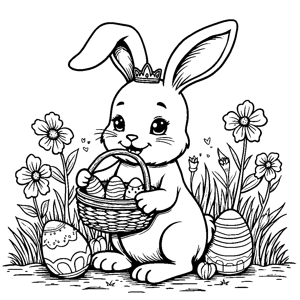 Easter bunny holding a basket of Easter goodies and wearing a crown