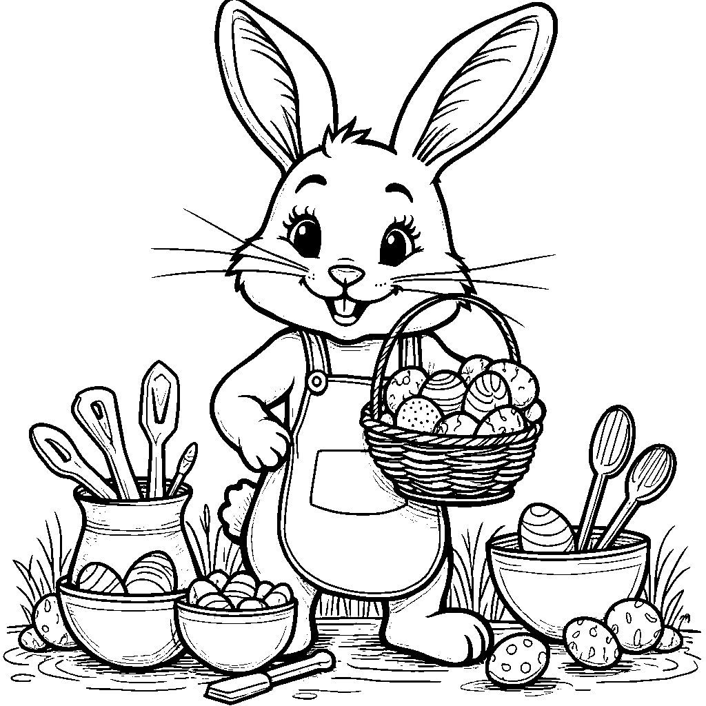 Easter bunny holding a basket of Easter treats and wearing an apron