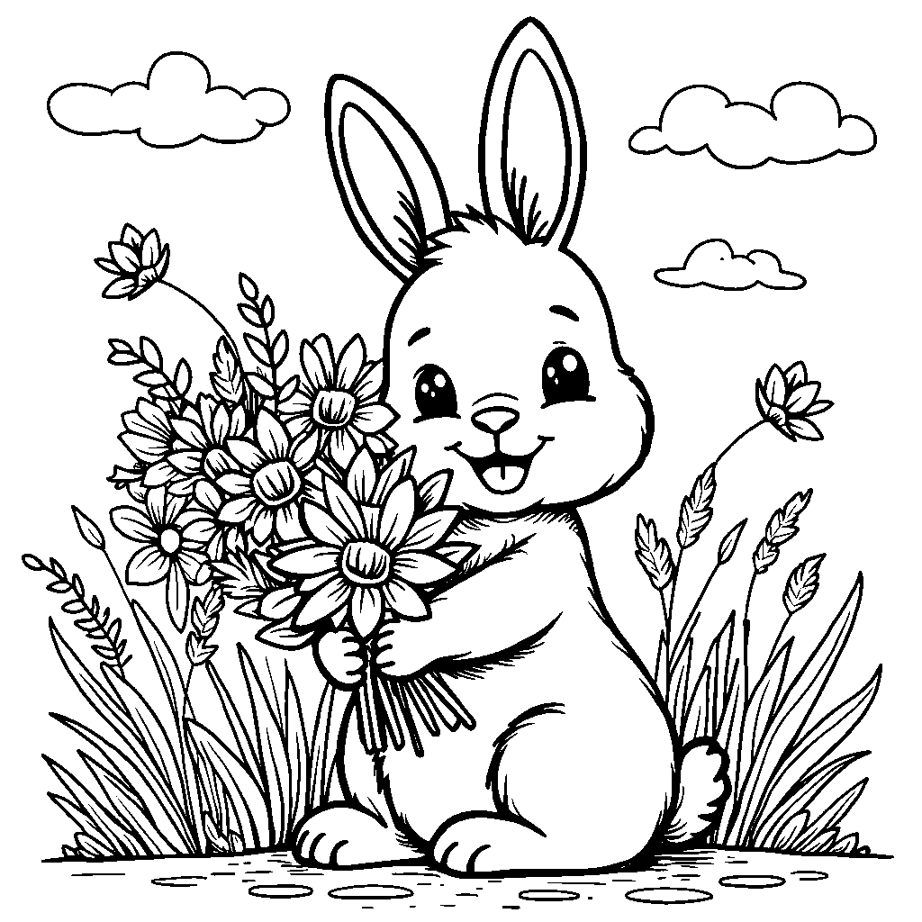 Easter bunny holding a bouquet of spring flowers