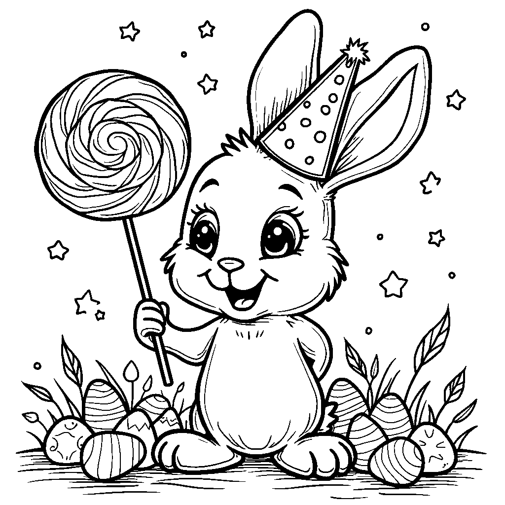 Easter bunny holding a giant lollipop and wearing a party hat