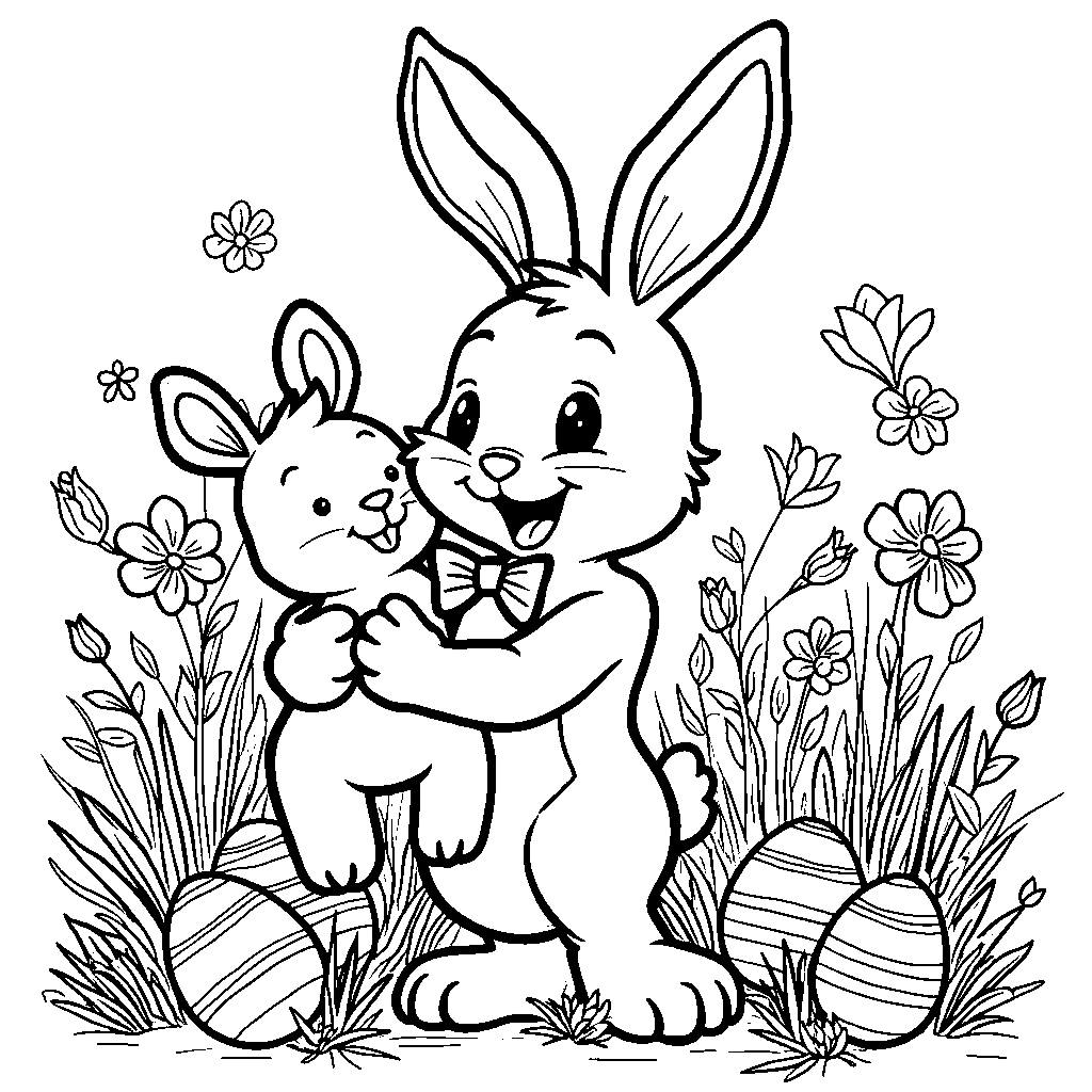 Easter bunny holding a giant stuffed animal and wearing a bow tie