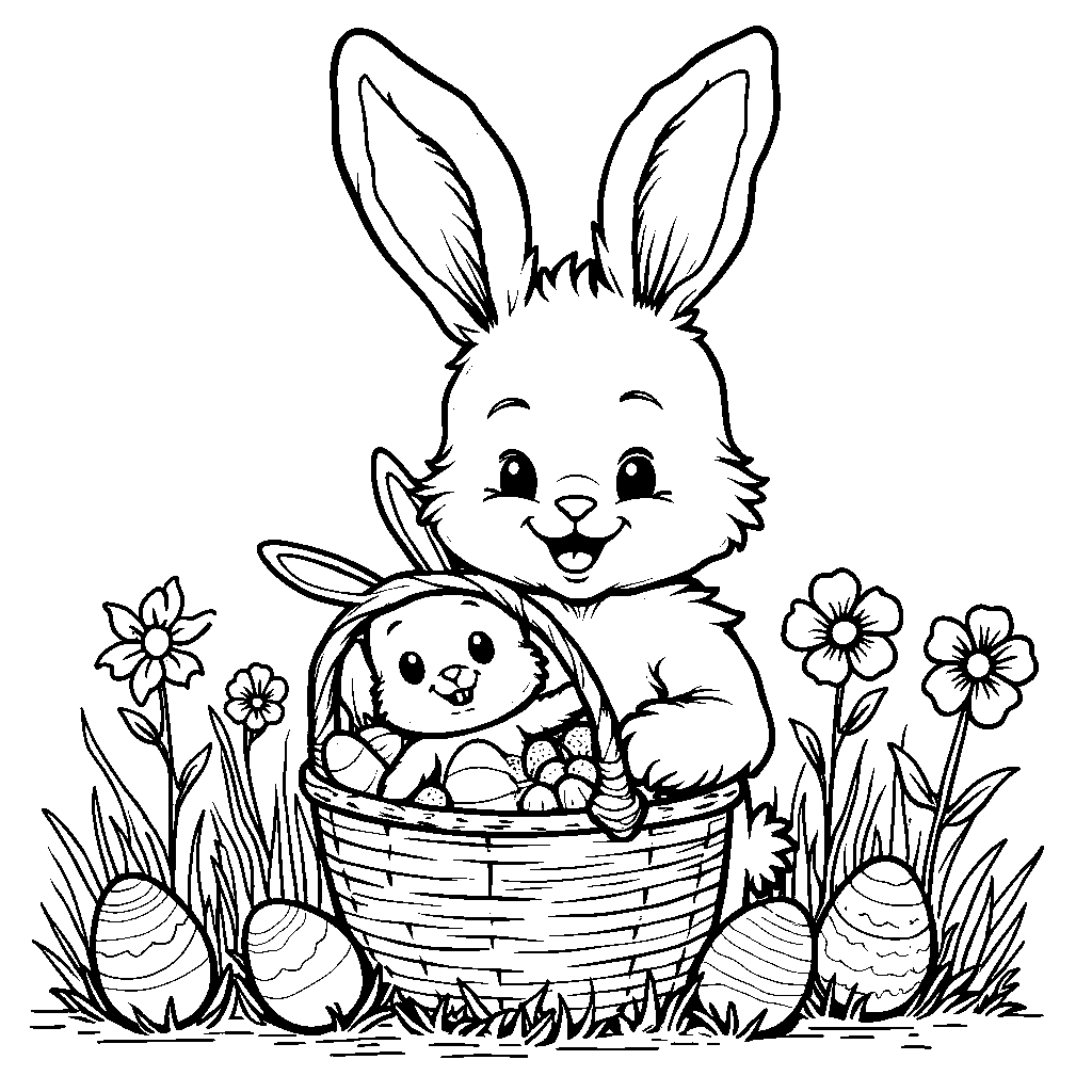 Easter bunny holding a stuffed animal and a Easter basket