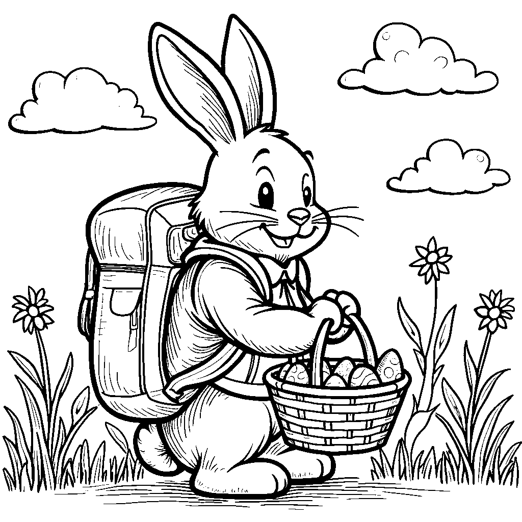 Easter bunny holding a giant Easter basket and wearing a backpack