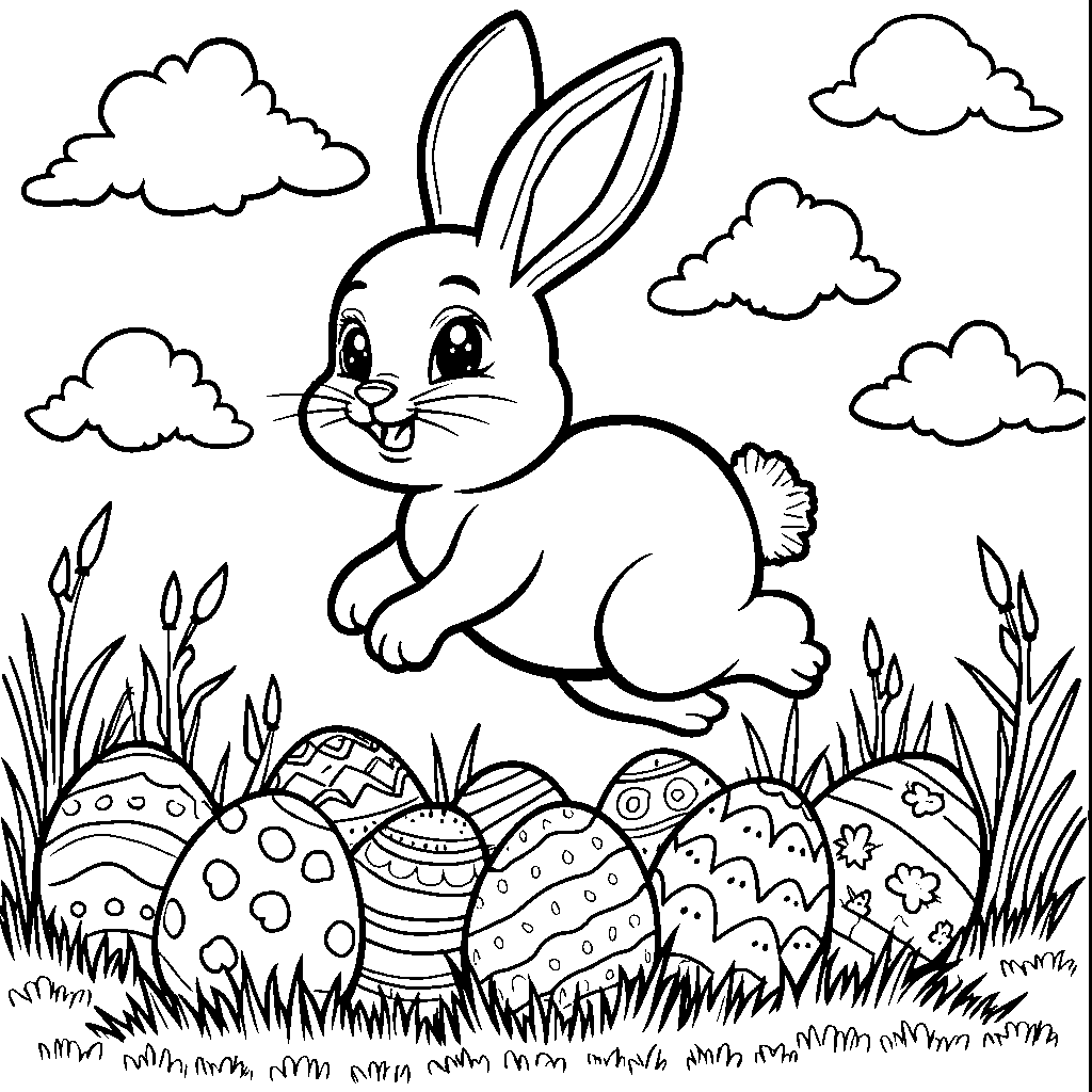 Easter bunny jumping over a row of Easter eggs