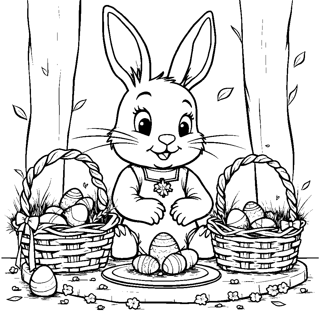 Easter bunny making Easter baskets with ribbons and bows