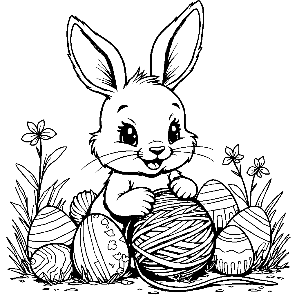 Easter bunny playing with a ball of yarn and Easter eggs