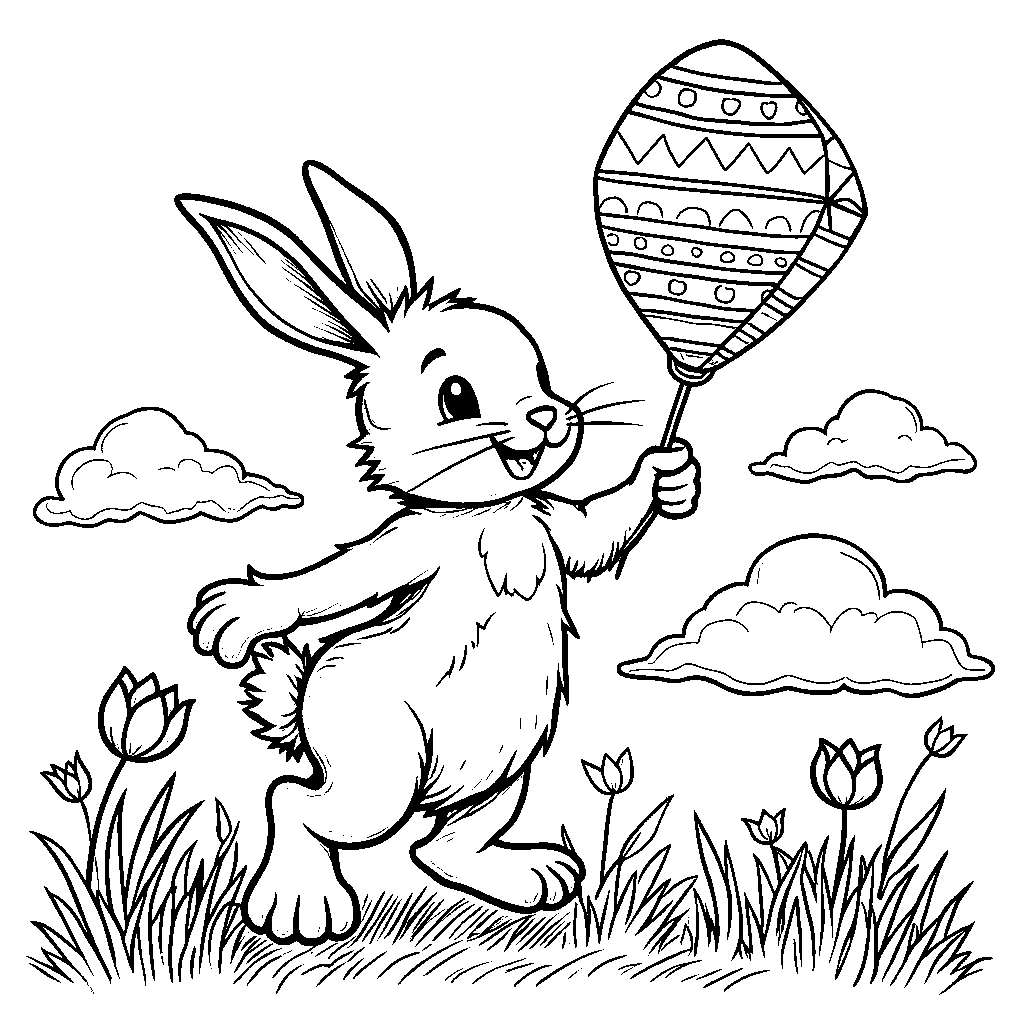 Easter bunny playing with a kite shaped like an Easter egg