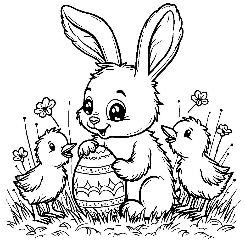 Easter bunny playing with a bunch of baby chicks