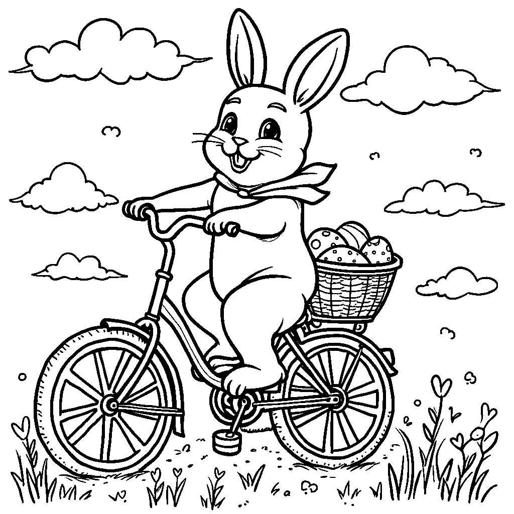 Easter bunny riding a bicycle with a basket full of eggs