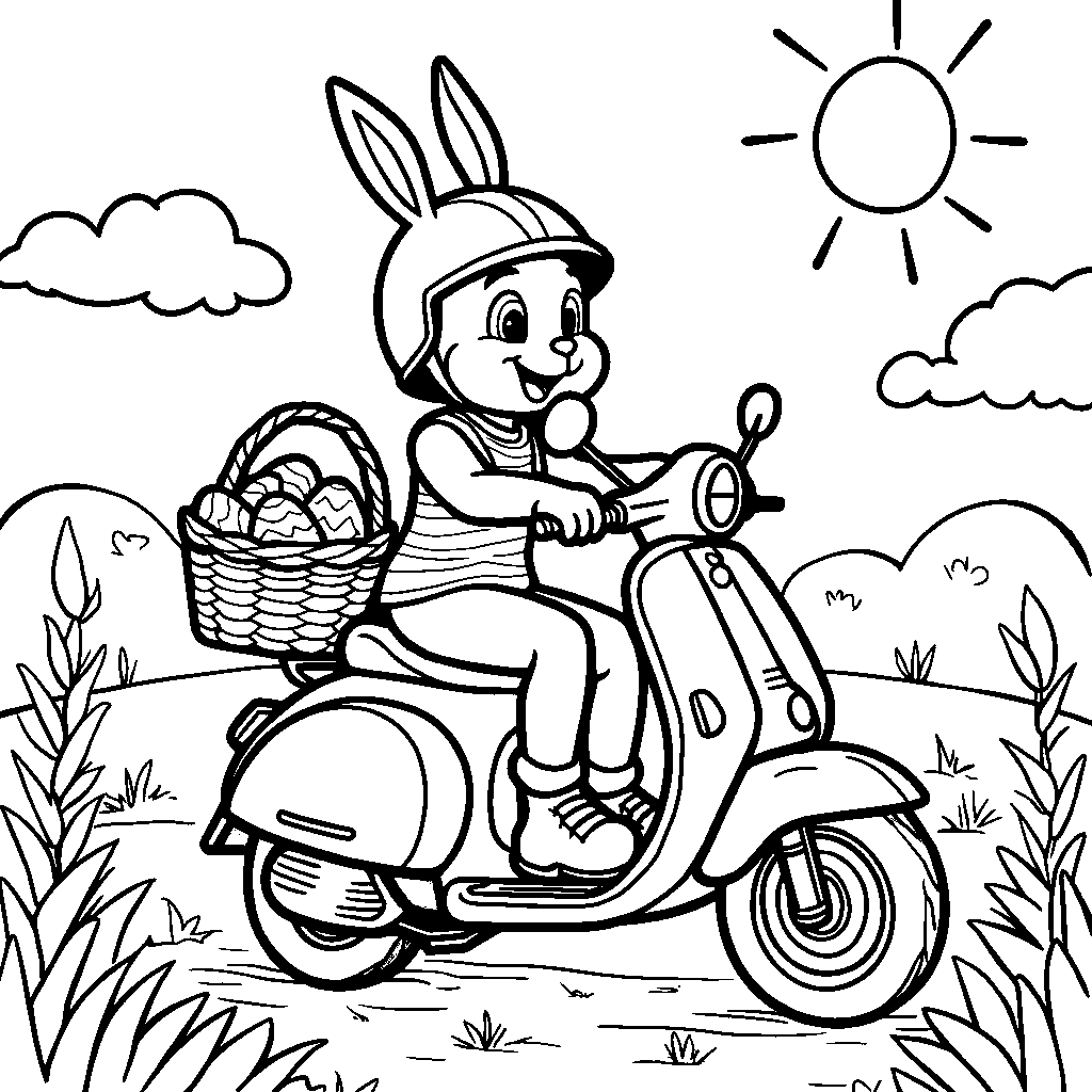 Easter bunny riding a scooter with a basket of eggs