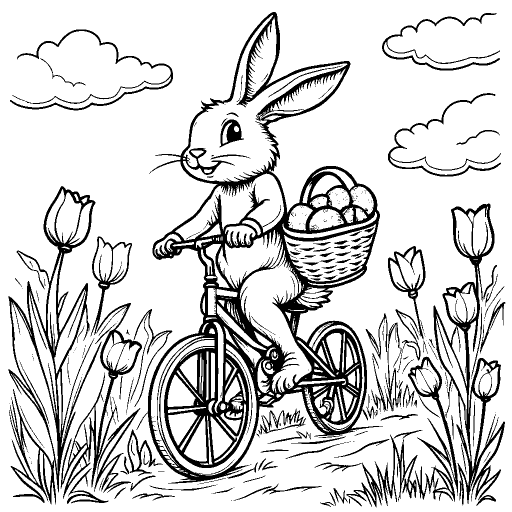 Easter bunny riding a unicycle on a spring morning