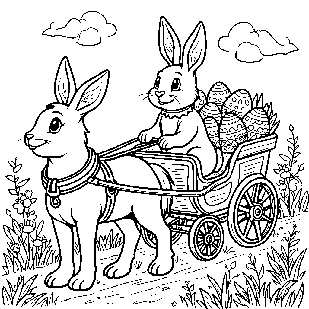 Easter bunny riding a horse-drawn carriage filled with Easter eggs