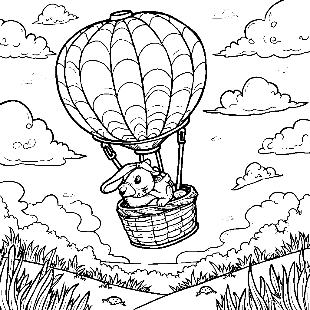 Easter bunny riding in a hot air balloon