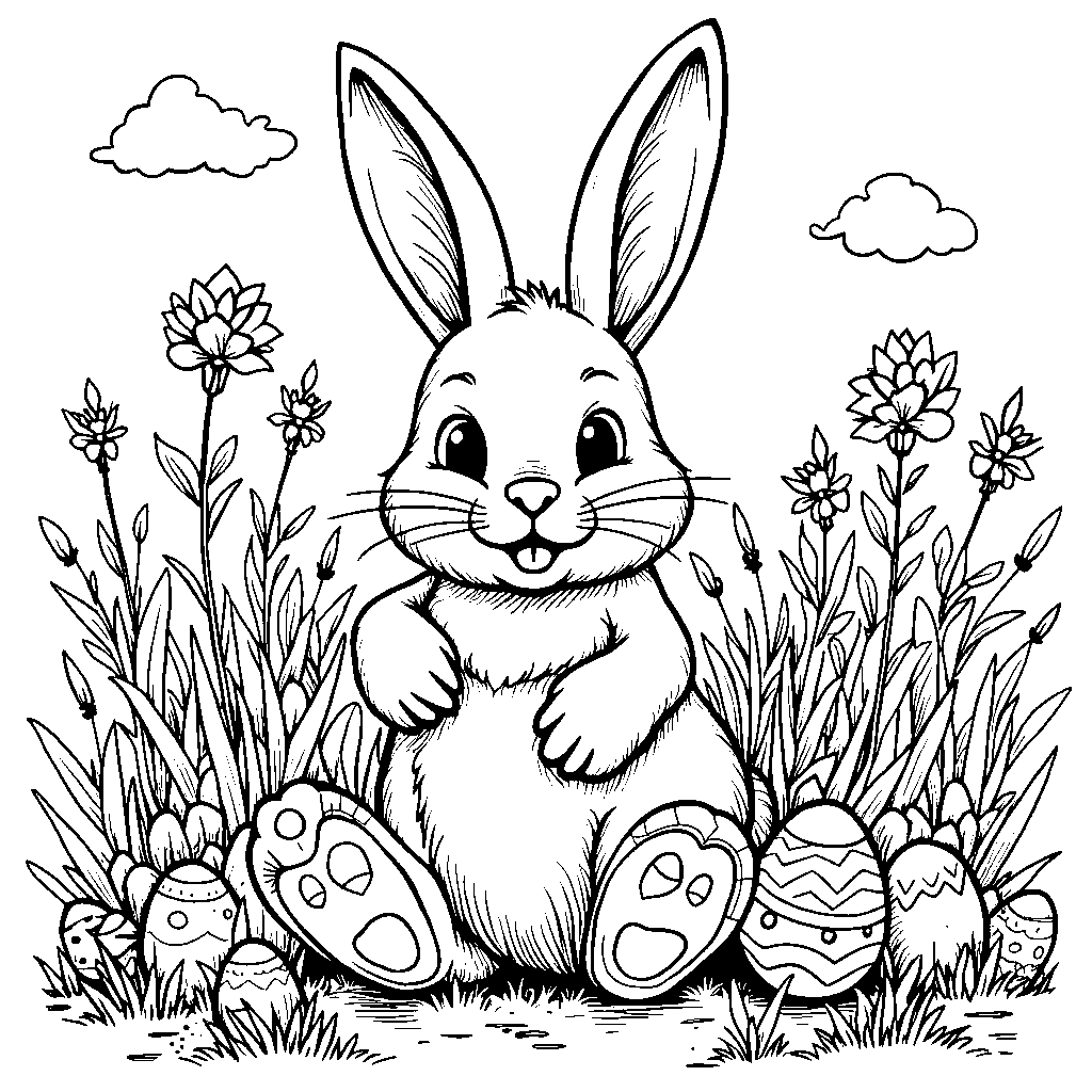 Easter bunny sitting in a garden surrounded by spring flowers