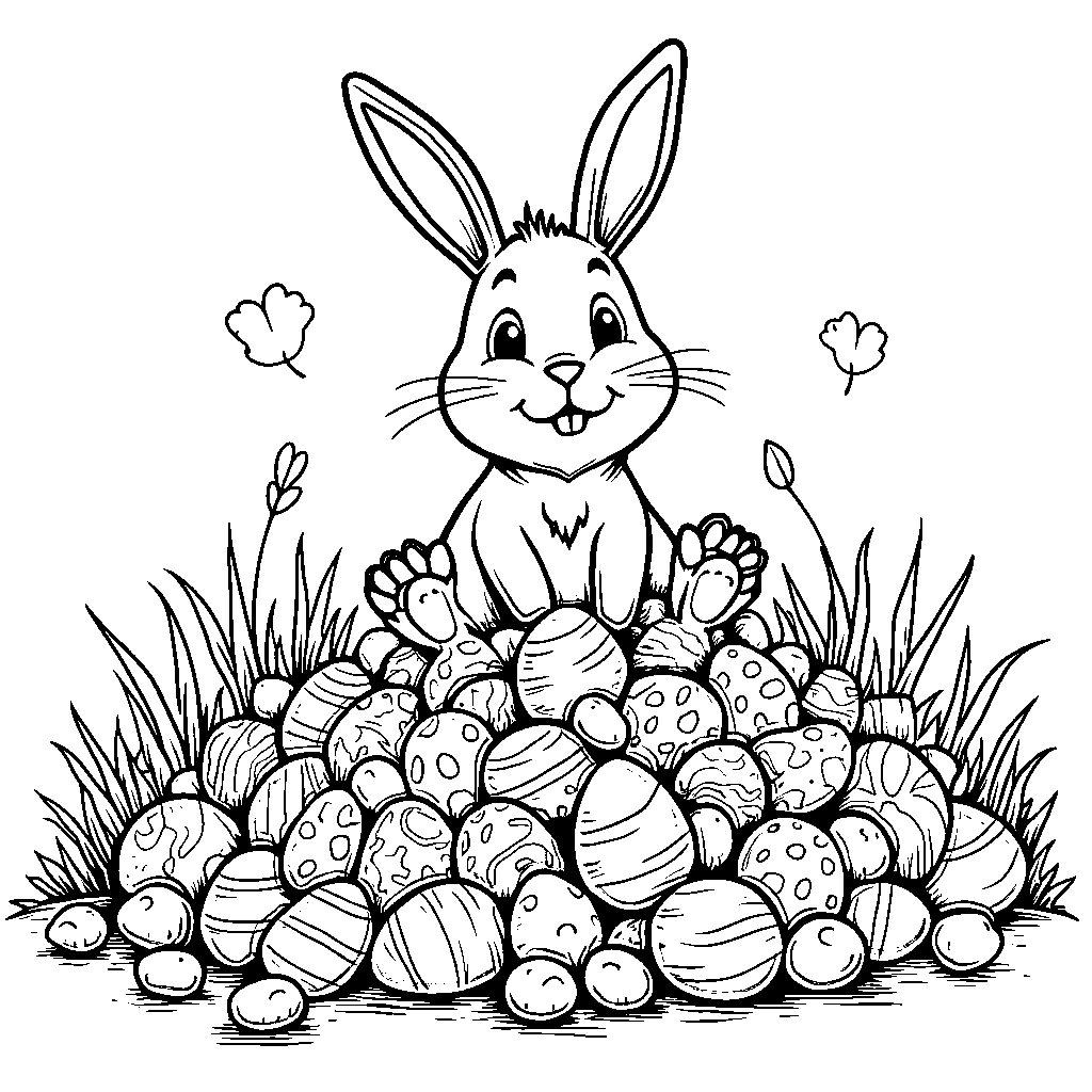 Easter bunny sitting on a giant pile of Easter candy