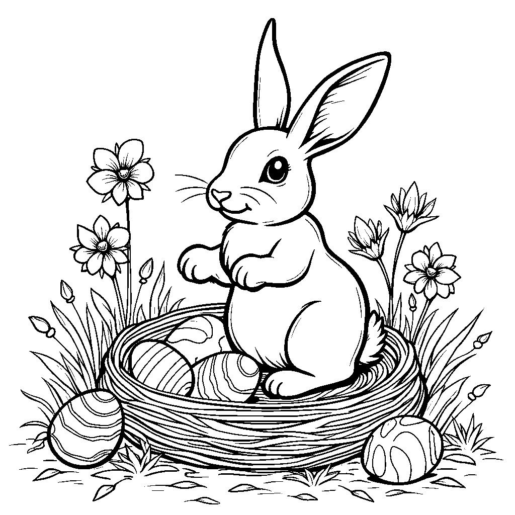 Easter bunny sitting on a nest of colorful eggs