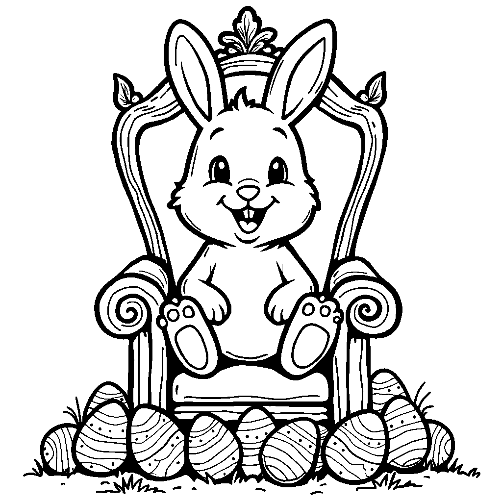 Easter bunny sitting on a throne made of Easter eggs