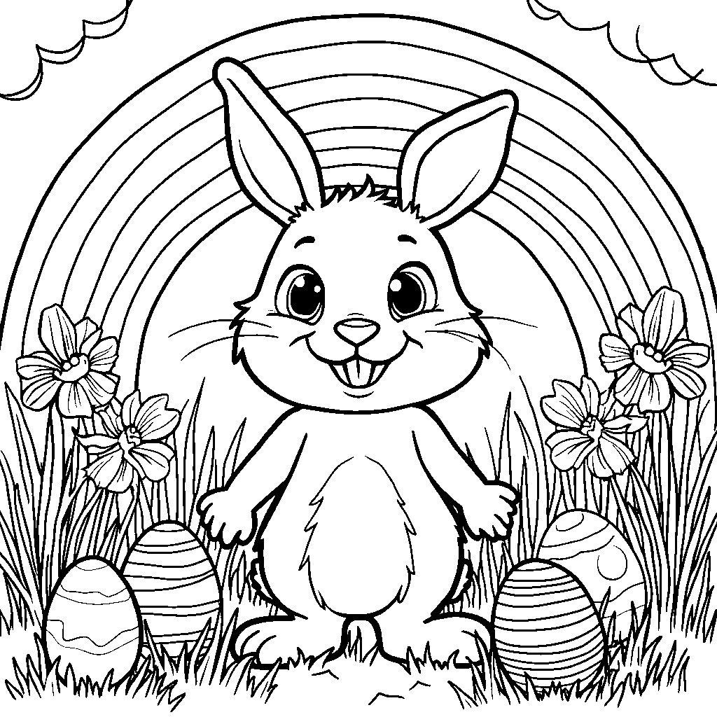 Easter bunny standing in front of a bright rainbow